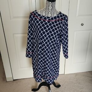 Lands' End Blue, White, and Red Sheath Dress with 3/4 Sleeves